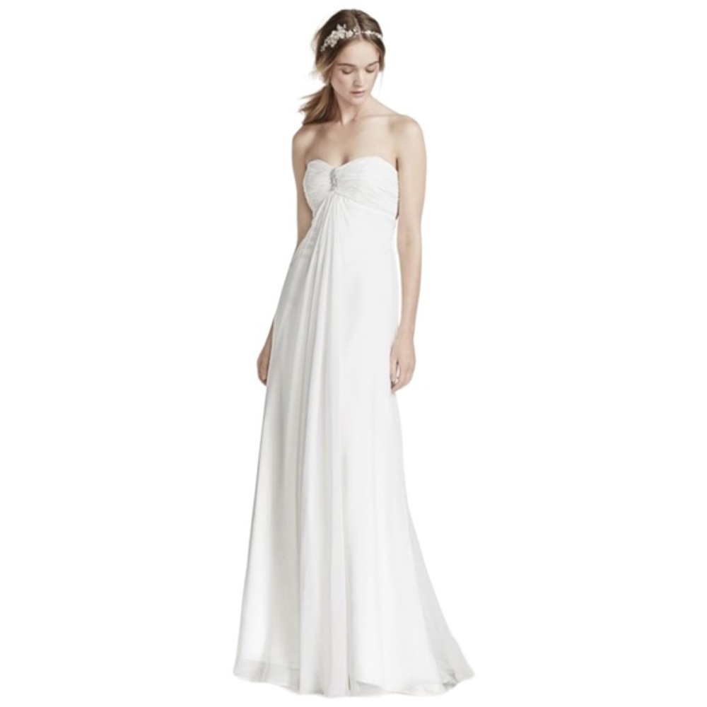 GALINA Strapless A-line Wedding Dress With Ruching Crystal Brooch Sz 6